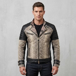 Heren leren jas met slangenprint, bikerjack, motorjack met pythonstructuur, handgemaakt, distressed, café racer, modieuze streetwear bovenkleding.