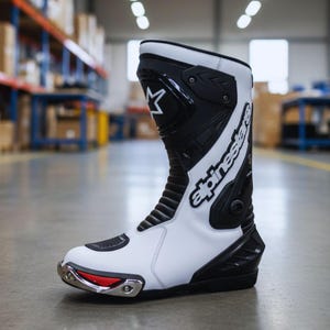 Puede incluir: Una bota de moto blanca y negra con el nombre de la marca "Alpinestars" impreso en el lateral. La bota presenta un acento rojo en la puntera y un panel protector negro en la parte superior. La bota está diseñada para la seguridad y el rendimiento.