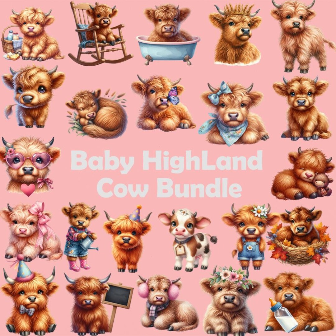 Farmhouse Clipart Bundle – Baby Highland Cow PNG Pack (digital Download ...