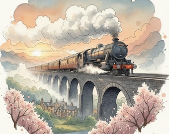 Vintage Steam Train Watercolor Prints Set (20 JPG) High Resolution Cinematic Railway Wall Art