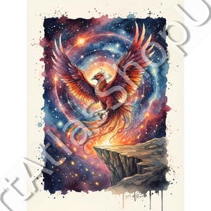 May include: Watercolor painting of a phoenix with outstretched wings, set against a cosmic background of swirling blues, oranges, and purples. The mythical bird is depicted in shades of red and orange, perched on a rocky cliff.