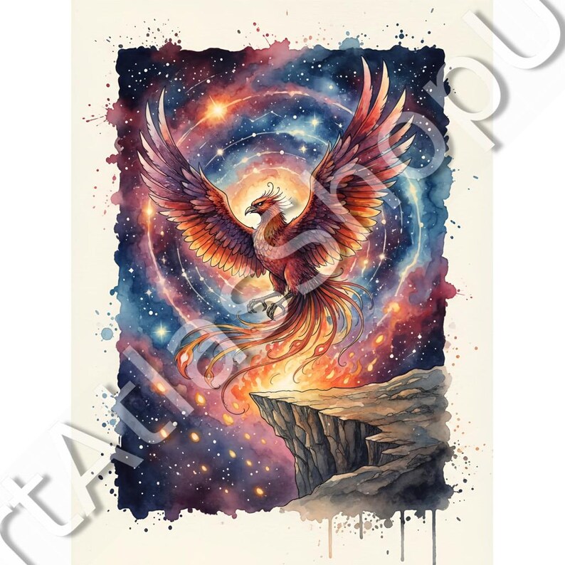 May include: Watercolor painting of a phoenix with outstretched wings, set against a cosmic background of swirling blues, oranges, and purples. The mythical bird is depicted in shades of red and orange, perched on a rocky cliff.