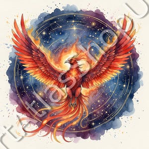 May include: Watercolor illustration of a phoenix with outstretched wings, rendered in shades of red, orange, and yellow. The bird is set against a backdrop of a starry night sky within a circular frame, with watercolor washes of blue and purple.