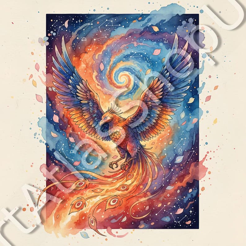 May include: Watercolor painting of a phoenix with outstretched wings, set against a swirling cosmic background. The bird features vibrant orange, red, and blue hues. Constellations and celestial elements are scattered throughout the artwork.