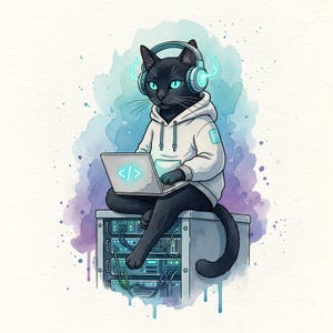 May include: A black cat wearing a white hoodie and headphones, sitting on a server rack and using a laptop. The laptop screen displays code symbols. The background features watercolor splashes of blue and purple.