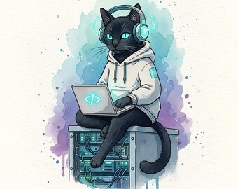 Cyber Cat Developer Watercolor Poster | Funny Programmer Cat Wall Art | Tech Office Decor | Coder Nerd Digital Download