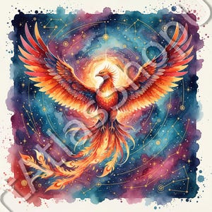 May include: Watercolor illustration of a phoenix with outstretched wings, rendered in vibrant shades of red, orange, and yellow. The mythical bird is set against a cosmic background of blues, purples, and gold constellations, creating a celestial theme.