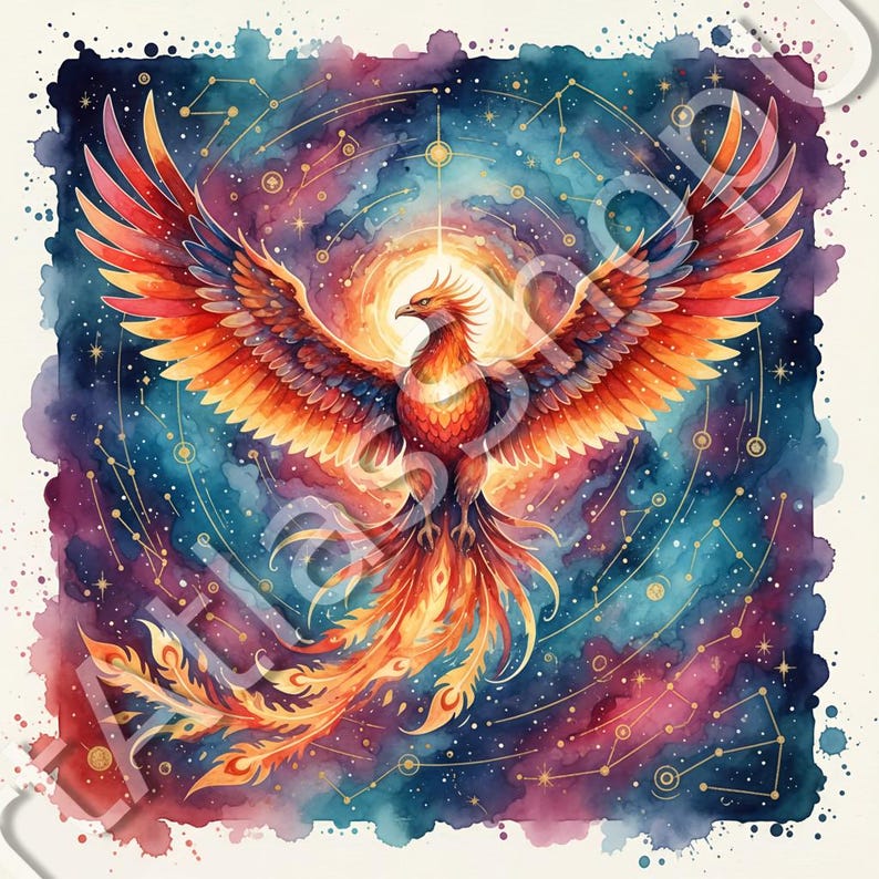 May include: Watercolor illustration of a phoenix with outstretched wings, rendered in vibrant shades of red, orange, and yellow. The mythical bird is set against a cosmic background of blues, purples, and gold constellations, creating a celestial theme.