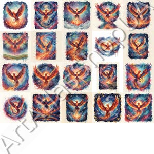 May include: A collection of watercolor paintings featuring the mythical phoenix bird. Each artwork showcases the phoenix in vibrant shades of red, orange, and yellow, set against backgrounds of swirling blues, purples, and starry skies. The phoenix is depicted with outstretched wings.