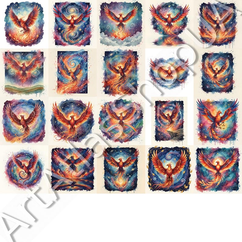 May include: A collection of watercolor paintings featuring the mythical phoenix bird. Each artwork showcases the phoenix in vibrant shades of red, orange, and yellow, set against backgrounds of swirling blues, purples, and starry skies. The phoenix is depicted with outstretched wings.