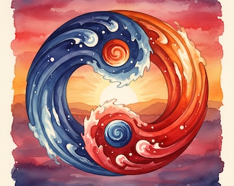 Yin Yang Waves Watercolor Poster Bundle (20 JPG) | Zen Wall Art Prints | Spiritual Yoga Decor | Ocean Wave Yin-Yang Digital Download