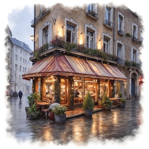 Könnte beinhalten: Aquarellmalerei eines europäischen Cafés an einem regnerischen Tag. Das Café hat eine rot-beige gestreifte Markise und große Fenster. Tische und Stühle sind im Inneren sichtbar, mit warmer Beleuchtung. Topfpflanzen und Blumen schmücken das Äußere.