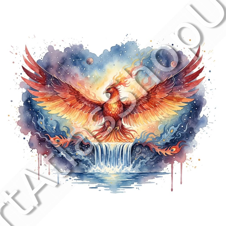 May include: Watercolor illustration of a phoenix with outstretched wings. The bird is depicted in shades of red, orange, and yellow, set against a backdrop of a waterfall, celestial elements, and a starry sky. The artwork has a vibrant and dynamic feel.