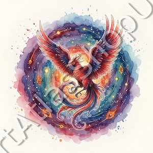May include: Watercolor illustration of a phoenix with outstretched wings, rendered in shades of red, orange, and blue. The bird is set against a swirling background of cosmic colors, with accents of gold and a celestial theme. The artwork has a fantasy art style.