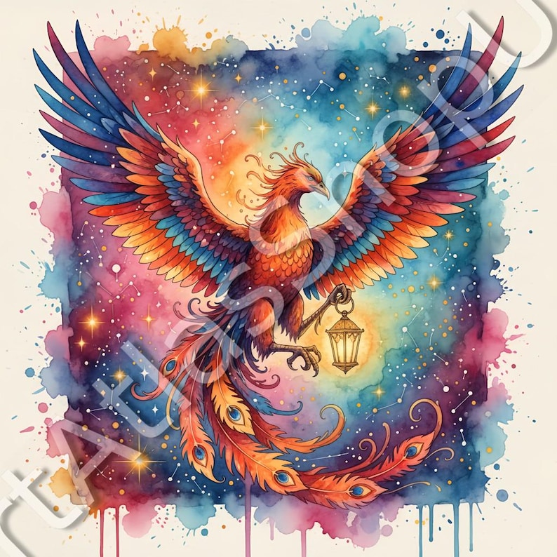 May include: Watercolor painting of a phoenix with outstretched wings, holding a lantern. The bird features vibrant orange, red, blue, and yellow feathers. The background is a colorful blend of blues, pinks, and purples with stars and constellations.