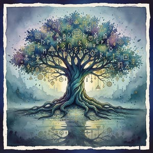 May include: Watercolor painting of a stylized tree with a twisted trunk and sprawling roots. The tree's leaves are adorned with golden symbols and runes. The artwork has a mystical, fantasy theme, with a blue and gold color palette.