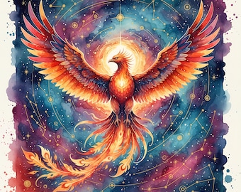 May include: Watercolor painting of a phoenix with outstretched wings, rendered in vibrant shades of red, orange, and yellow. The bird is set against a cosmic background of blues, purples, and gold constellations. The artwork evokes themes of rebirth and transformation.