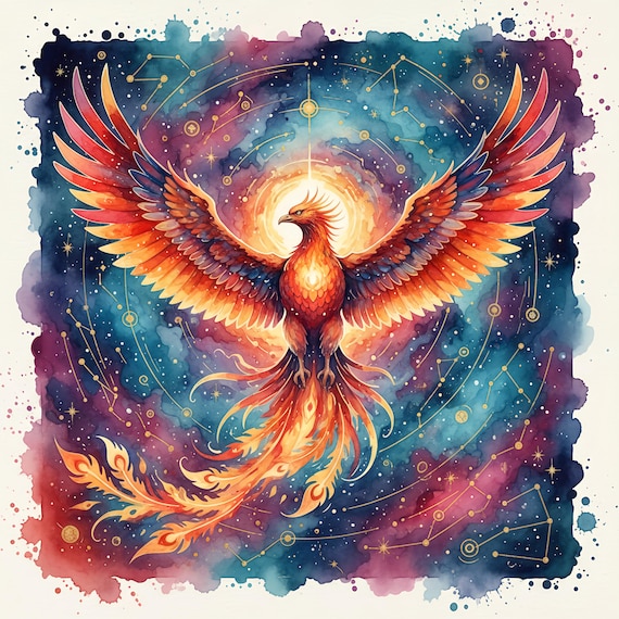 Cosmic Phoenix Watercolor Poster Bundle (20 JPG) | Galaxy Firebird Wall Art | Mythical Phoenix Digital Download Prints