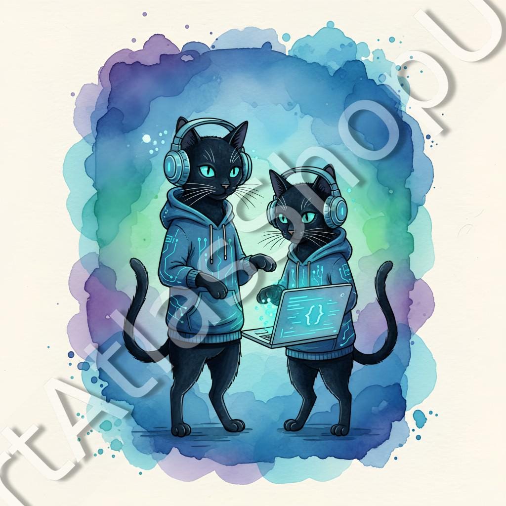 Cyber Cat Developer Watercolor Poster | Funny Programmer Cat Wall Art ...