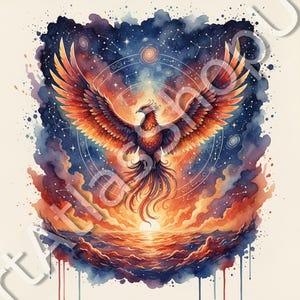 May include: Watercolor painting of a phoenix rising from the ocean at sunset. The bird has orange and red wings, with a starry sky and celestial symbols in the background. The artwork is a vibrant mix of blues, oranges, and purples.