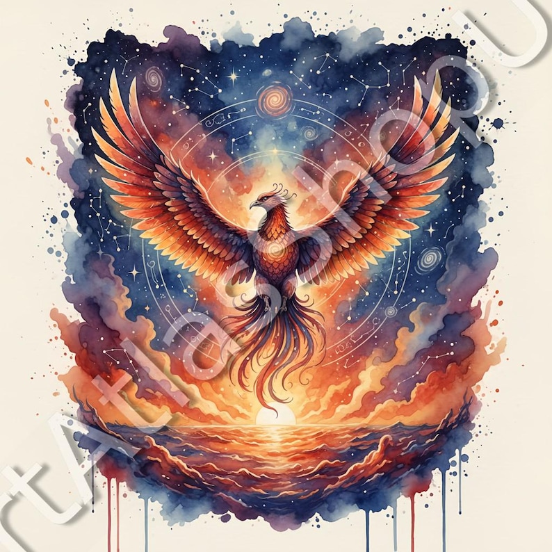 May include: Watercolor painting of a phoenix rising from the ocean at sunset. The bird has orange and red wings, with a starry sky and celestial symbols in the background. The artwork is a vibrant mix of blues, oranges, and purples.