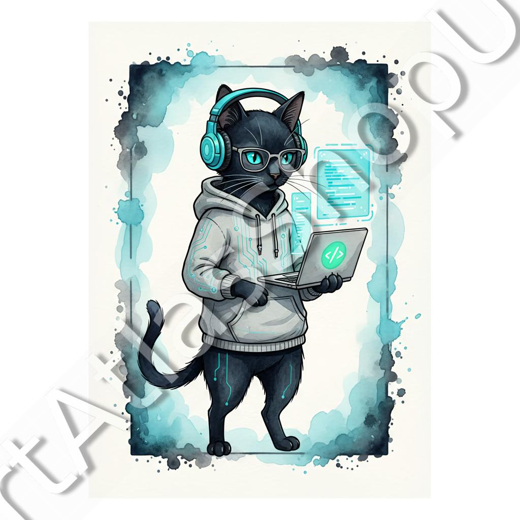 Cyber Cat Developer Watercolor Poster | Funny Programmer Cat Wall Art ...