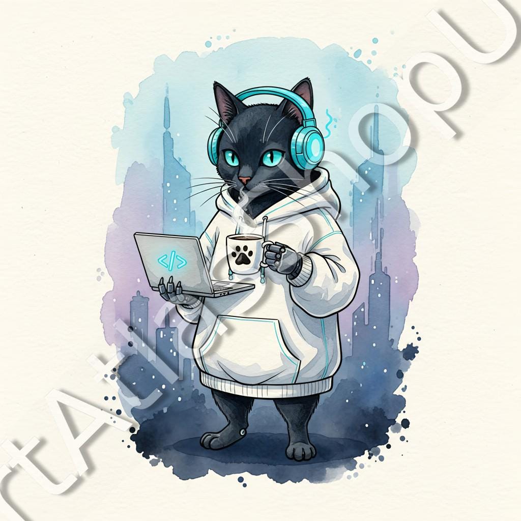 Cyber Cat Developer Watercolor Poster | Funny Programmer Cat Wall Art ...