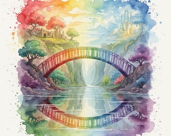 Rainbow Bridge Watercolor Poster Bundle – 20 JPG | Vibrant Bridge Art Prints | Colorful Spiritual Wall Decor