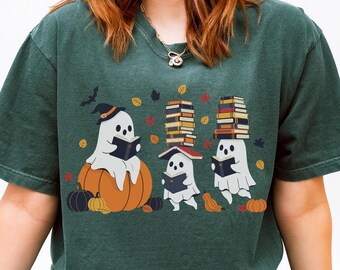 Comfort Colors® Retro Ghosts Reading Books Shirt, Librarian Ghost Halloween Tee, Teacher Gift For Book Lovers
