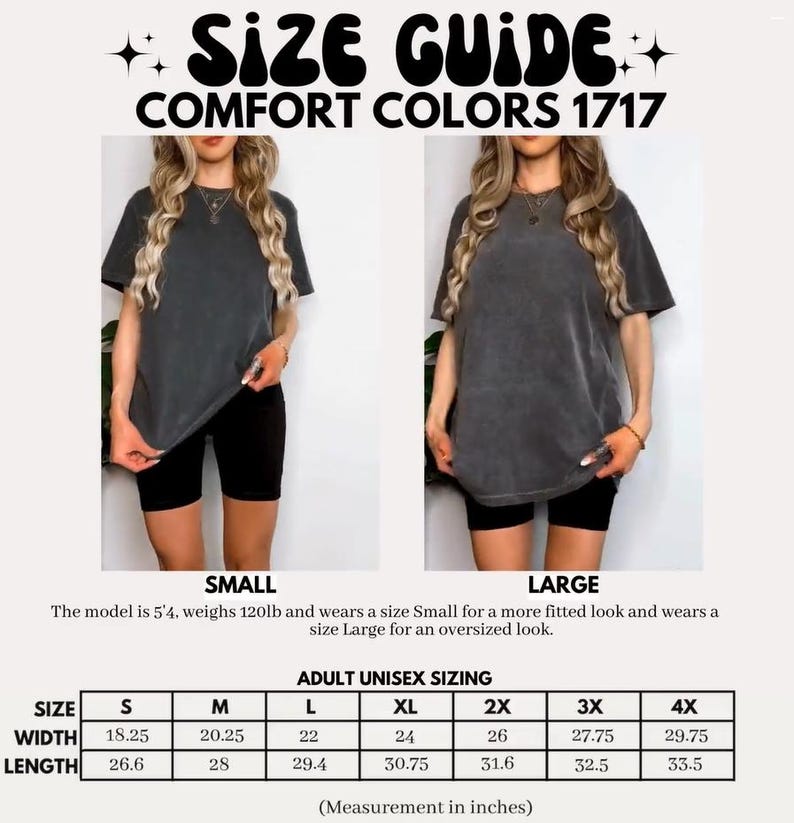 Puede incluir: Gu&iacute;a de tallas para camisetas Comfort Colors 1717. Dos modelos visten las camisetas en tallas peque&ntilde;a y grande. La gu&iacute;a incluye medidas en pulgadas para tallas unisex de adulto, desde la S hasta la 4X. El texto "SIZE GUIDE" est&aacute; en la parte superior.