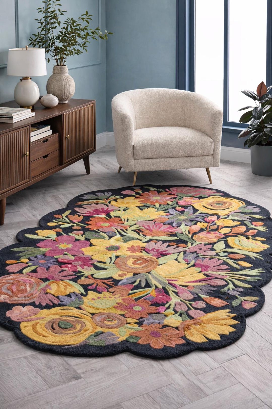Hand Tufted Wool Floral Luxury Rug – Scalloped Edge Cottagecore Area ...