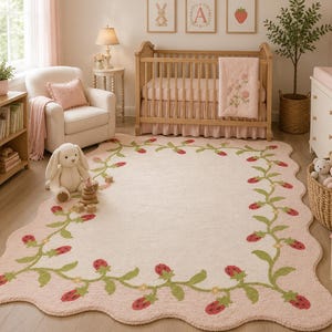 Hand Tufted Strawberry Rug, Cottagecore Nursery Rug, Loop Cut Wool Floral Area Rug for Girls Bedroom, Playroom, Cottage House Decor