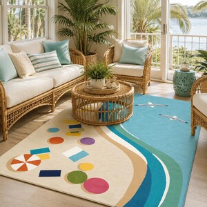 Hand Tufted Coastal Beach Rug, Loop Cut Wool Kids Room Rug, Ocean Nursery Rug, Seaside Playroom Carpet, Coastal House Decor