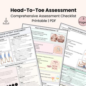 May include: A printable PDF checklist for a Head-To-Toe Assessment. The document includes sections for patient introduction, general survey, and examination of the head, neck, chest, abdomen, and extremities. The checklist is designed for comprehensive patient assessment.