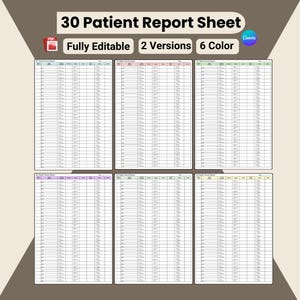 以下が含まれることがあります： 「30 Patient Report Sheet」というテキストが入った患者報告シートのデジタルダウンロード。画像には「Fully Editable」、「2 Versions」、「6 Color」というテキストも含まれています。レポートシートは6つの異なる色のバリエーションで表示されています。