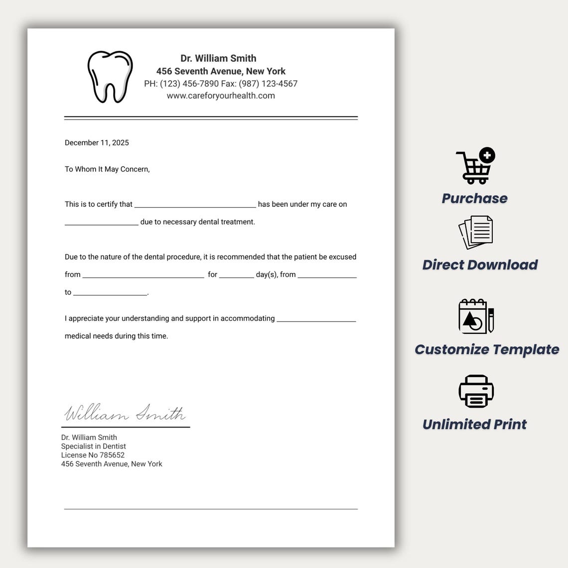 Editable Dentist Excuse Note Template (PDF, Word, Google Docs) Etsy