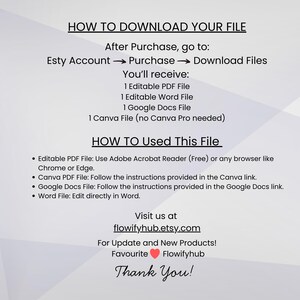 Puede incluir: Una gu&iacute;a de descarga digital con instrucciones sobre c&oacute;mo descargar y usar archivos despu&eacute;s de la compra. El texto incluye los pasos para acceder a la cuenta de Etsy, los tipos de archivos y las instrucciones de uso. La gu&iacute;a tambi&eacute;n incluye una direcci&oacute;n web y un mensaje de agradecimiento.
