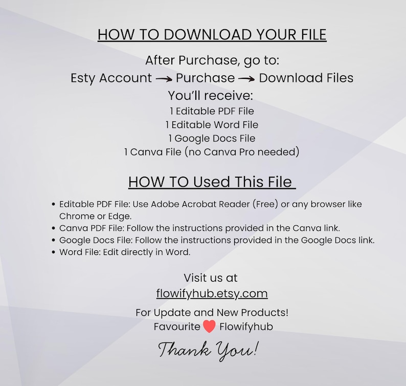 Puede incluir: Una gu&iacute;a de descarga digital con instrucciones sobre c&oacute;mo descargar y usar archivos despu&eacute;s de la compra. El texto incluye los pasos para acceder a la cuenta de Etsy, los tipos de archivos y las instrucciones de uso. La gu&iacute;a tambi&eacute;n incluye una direcci&oacute;n web y un mensaje de agradecimiento.