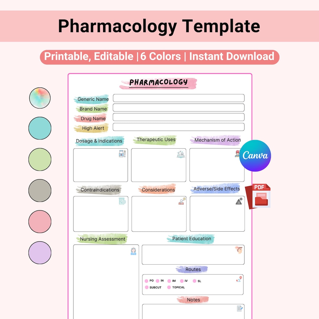 Editable &amp; Printable Pharmacology Study Sheet, Nursing Meds Guide (6 Colors) - Etsy