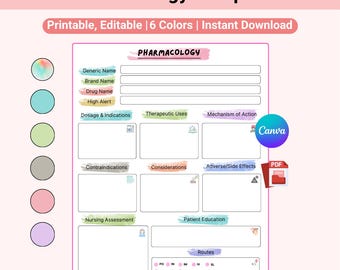 Editable & Printable Pharmacology Study Sheet, Nursing Meds Guide (6 Colors)