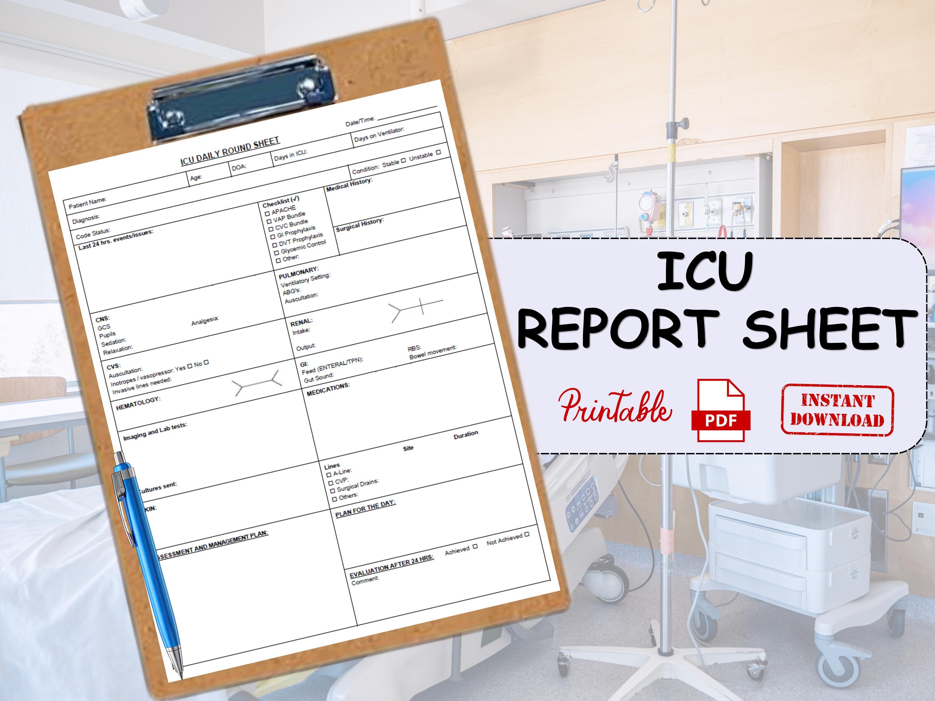 ICU Report Sheet | Printable PDF | Patient Rounding Template - Etsy