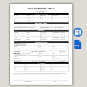 Op de afbeelding: Een zwart-wit sollicitatieformulier met velden voor persoonlijke informatie, gewenste baan, opleiding, eerdere banen en referenties. Inclusief een Microsoft Word-pictogram en een DOC-pictogram.