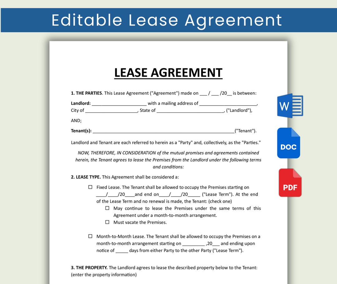 Editable Rental Agreement Template, Printable Lease, Landlord Forms ...