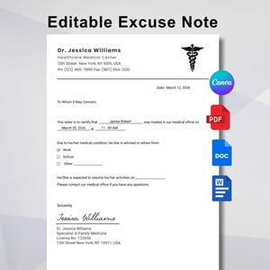 Puede incluir: Una plantilla de nota de excusa médica blanca con el texto "Editable Excuse Note" en la parte superior. La nota incluye el nombre de un médico, información del centro médico y una sección para especificar la condición del paciente y las restricciones de actividad. Los iconos de PDF, DOC y Canva están a la derecha.