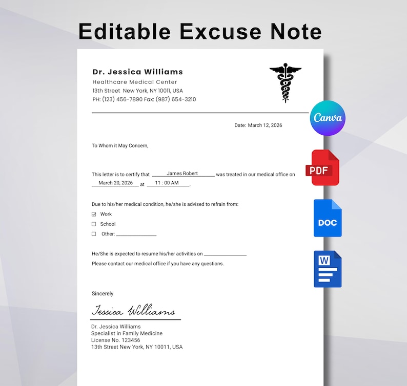 Puede incluir: Una plantilla de nota de excusa m&eacute;dica blanca con el texto "Editable Excuse Note" en la parte superior. La nota incluye el nombre de un m&eacute;dico, informaci&oacute;n del centro m&eacute;dico y una secci&oacute;n para especificar la condici&oacute;n del paciente y las restricciones de actividad. Los iconos de PDF, DOC y Canva est&aacute;n a la derecha.