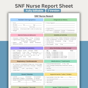 May include: A SNF Nurse Report Sheet, fully editable in two versions, with sections for resident demographics, diagnosis, mental status, nutrition, ADLs, and medications. The sheet includes fields for vital signs, appointments, and notes.