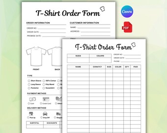 Veränderbares T-Shirt Bestellschein | Rechnungsvorlage | Druckbarer personalisierter Shirt Bogen (Canva Template, ausfüllbares PDF)