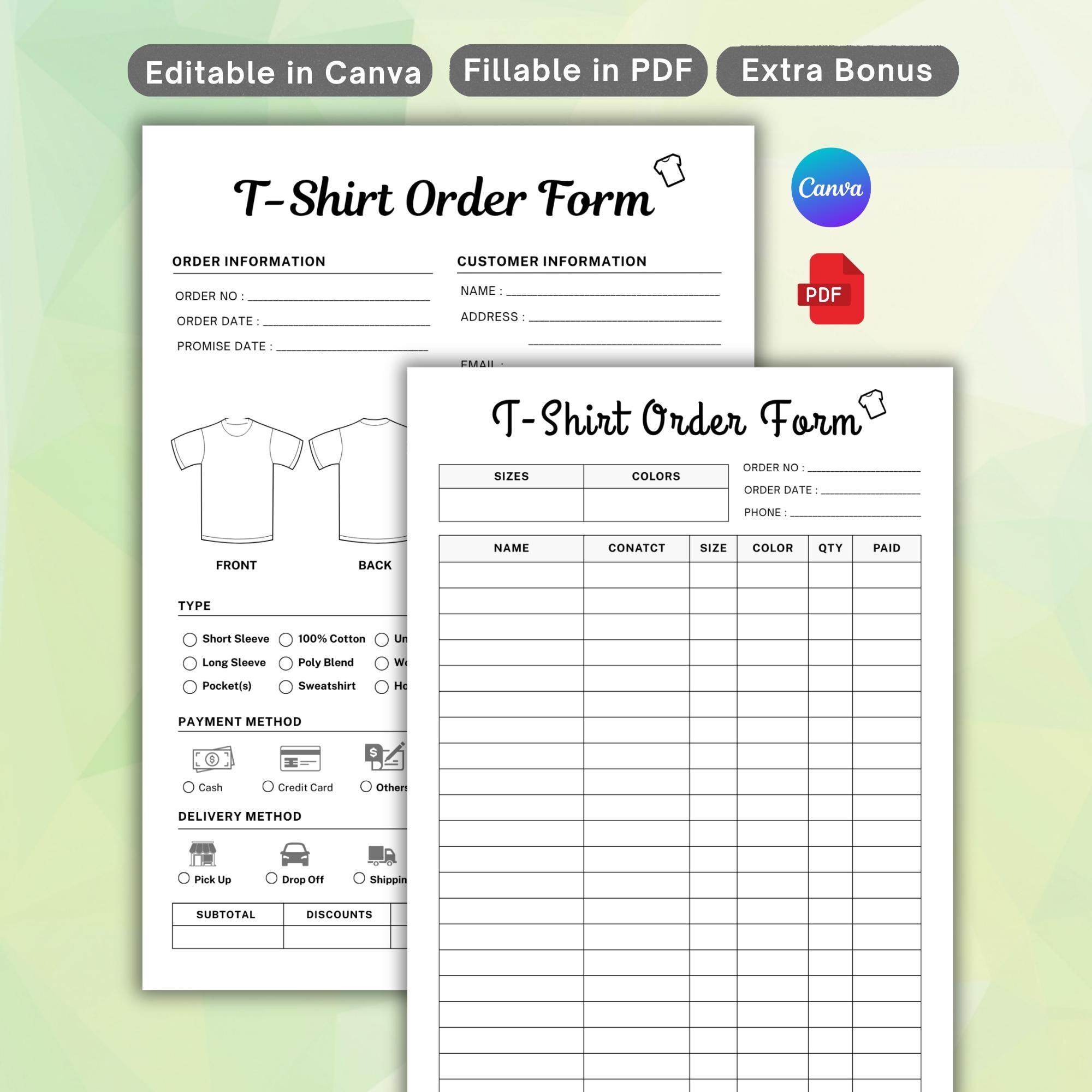 Editable T-shirt Order Form | Invoice Template | Printable Custom Shirt ...