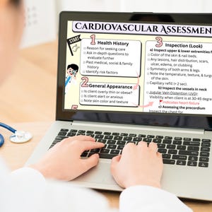 May include: A laptop displaying a "Cardiovascular Assessment" guide. The screen shows steps for health history, general appearance, and inspection. A stethoscope rests on the table. A person's hands are typing on the keyboard.