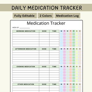 Utskrivbar medicinspårare | Medicinlogg, doser (redigerbar PDF i Canva)